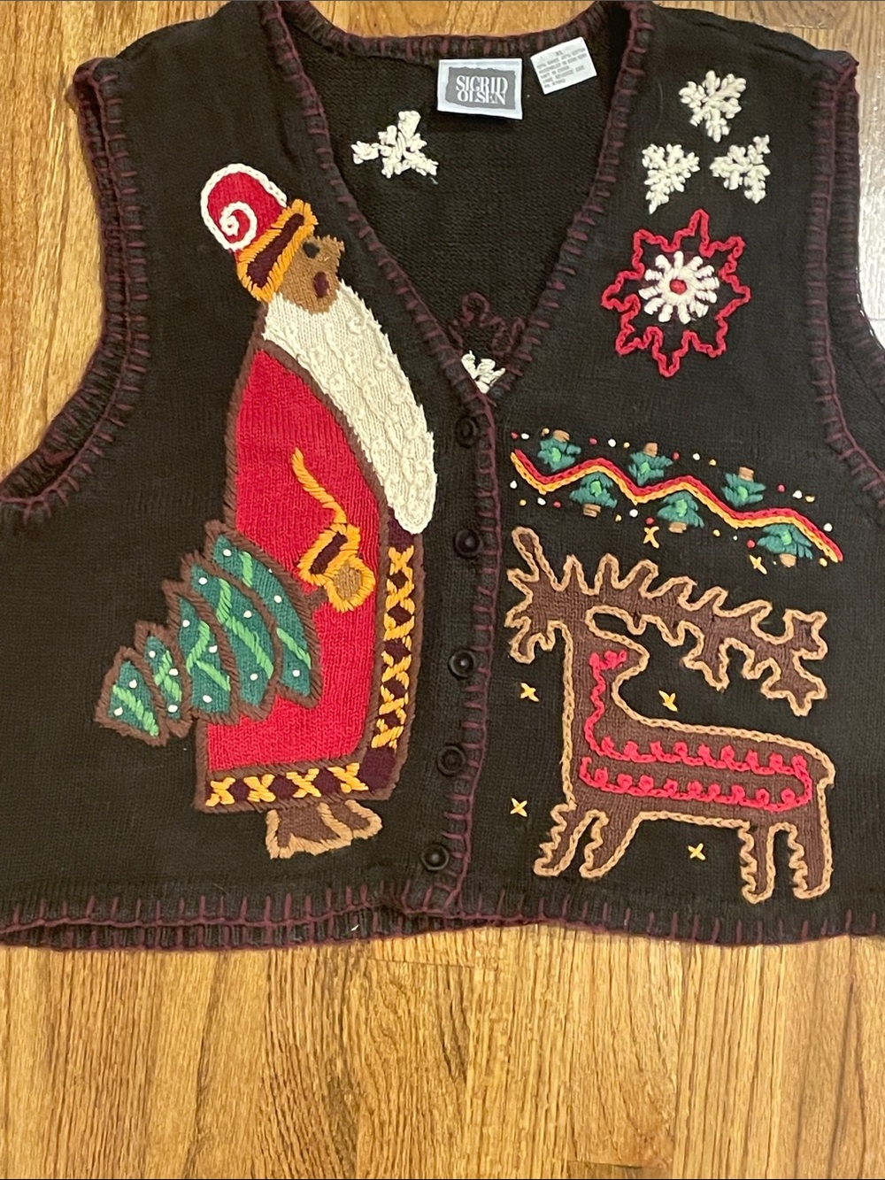 Sigrid Olsen Black Festive Embroidered Santa & Reindeer Vest. Vintage  XL